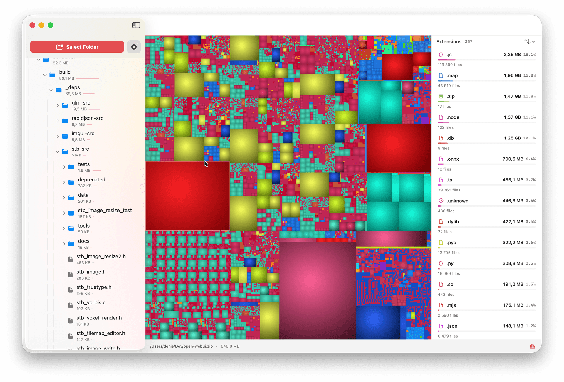DiskVisualizer app showing treemap visualization of disk usage