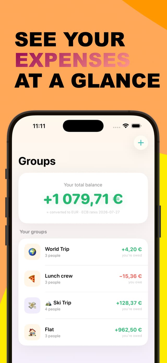 Splitwave app showing group expenses and balances